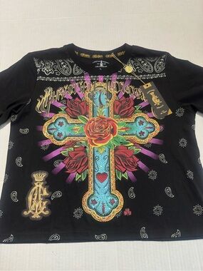 Christian Audigier ladies Black embellished Graphic Cross Tee size large   BNWT